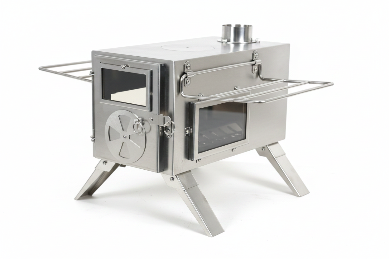 Brushed Stainless Steel Tent Stove – White Background